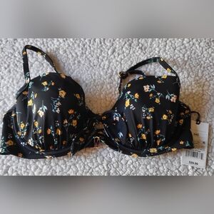 Shade and Shore Bikini Top Underwire Plunge Women's Floral Black Print 34c NWT